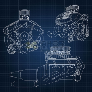 3款汽车发动机引擎手绘白色线条草图png图片素材