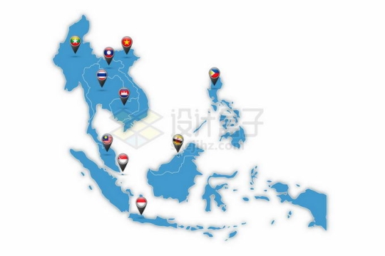 彩色色块东南亚地图带各国国旗按钮1909741矢量图片免抠素材