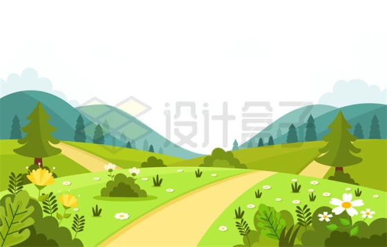 连绵不绝的崇山和近处的草地小道卡通风景图7500518矢量图片免抠素材