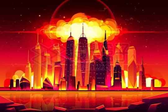 核武器在城市中爆炸将城市建筑映红漫画插画6824918矢量图片免抠素材免费下载