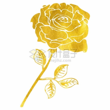 金色剪纸风格带金叶的玫瑰花png图片免抠矢量素材