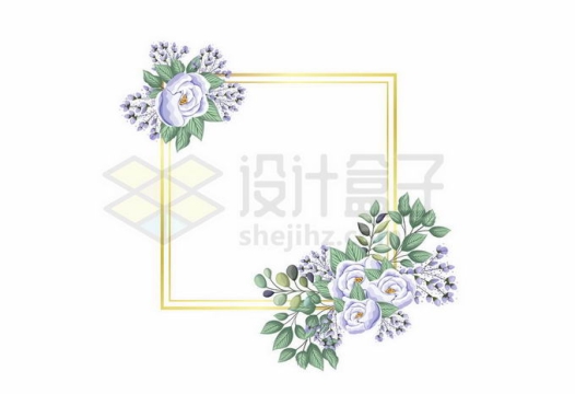 紫白色花朵绿叶金色边框4113528矢量图片免抠素材