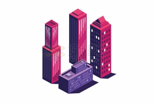 2.5D风格紫红色城市建筑高楼大厦7418689矢量图片免抠素材