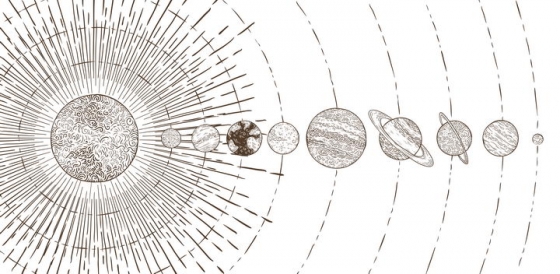 手绘简笔画插画风格排列在一条线上的太阳系九大行星结构图天文科普图片免抠素材