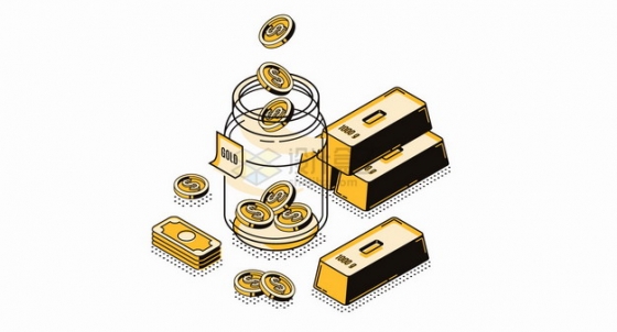 美元钞票金块金砖和玻璃瓶中的金币投资理财MBE风格插画png图片素材