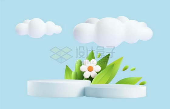 3D立体风格白色云朵和两个圆形展台以及白色花朵和绿叶装饰5879674矢量图片免抠素材免费下载