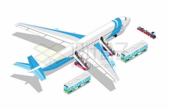 2.5D风格蓝白色客机和从摆渡车上下来的乘客正在排队登机5778208矢量图片免抠素材