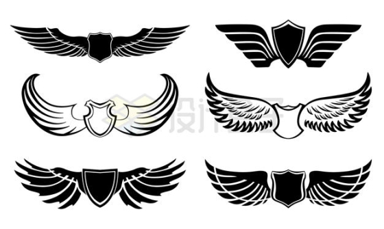 6款黑白色勋章翅膀装饰图案2873523矢量图片免抠素材