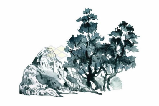 水墨画风格山石小山和树林风景3360650矢量图片免抠素材