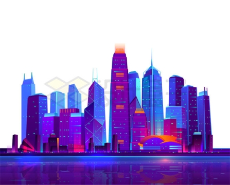 紫色渐变色发光的香港维多利亚湾城市高楼大厦夜景2128270矢量图片免抠素材