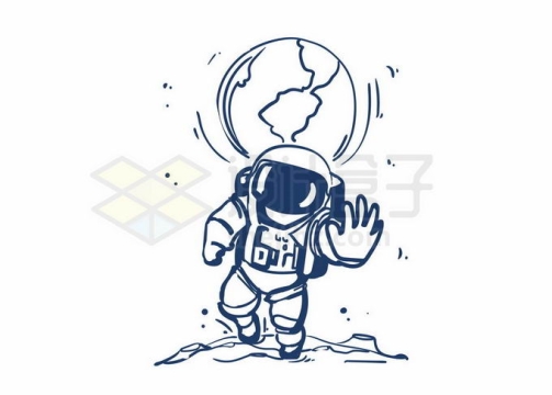 登月的卡通宇航员和背后的地球图案手绘插画6926974矢量图片免抠素材