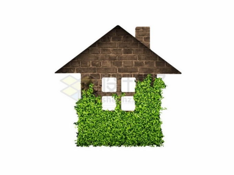 绿色树叶藤蔓覆盖的卡通小房子象征了清洁能源环保家居9299813矢量图片免抠素材