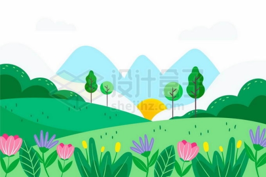 盛开小花的草原草地和远处的森林高山风景6840681矢量图片免抠素材