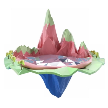 3D立体低多边形风格悬空岛上的粉色高山森林风景351524png图片免抠素材