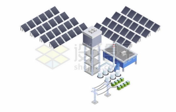2.5D风格太阳能发电厂和各种发电站变电站输电线路8950874矢量图片免抠素材
