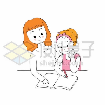 卡通妈妈正在监督和辅导女儿写作业手绘线条插画2608674矢量图片免抠素材