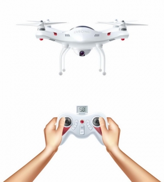 正在用遥控器操作的白色四轴无人机带摄像头的遥控飞行器png图片免抠矢量素材