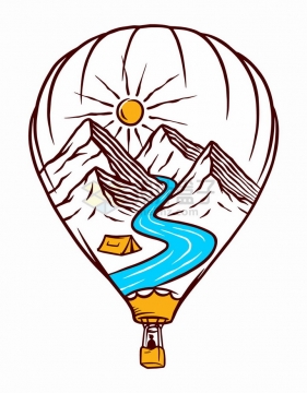 抽象热气球中的高山河流和太阳手绘插画png图片免抠矢量素材