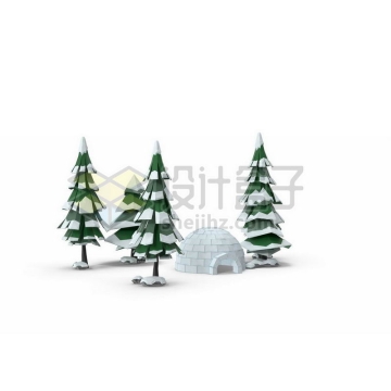 低多边形风格冬天积雪的雪屋雪松绿色大树2940522图片免抠素材