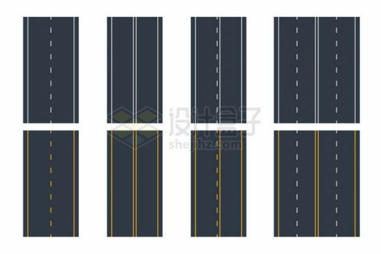 8款俯视视角的高速公路道路路面虚线双黄线等交通标志2881373矢量图片免抠素材