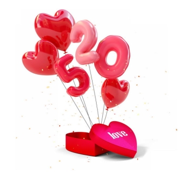 3D立体风格520情人节告白日打开的心形礼盒飞出的红色气球1318117PSD免抠图片素材