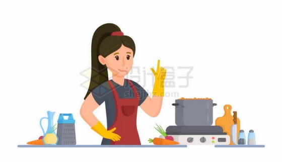 卡通女孩正在厨房里忙碌做菜4461718矢量图片免抠素材