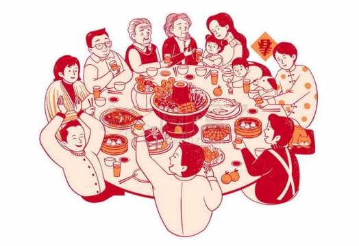 春节除夕夜一家人坐在圆桌前吃团圆饭手绘插画3732856矢量图片免抠素材