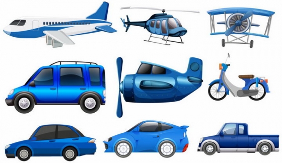 9款蓝色卡通客机直升飞机汽车螺旋桨飞机等交通工具png图片免抠矢量素材