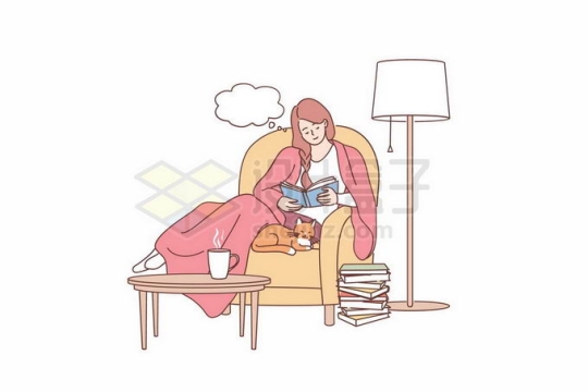 卡通女孩裹着毯子坐在沙发上看书还有一只小猫咪温馨生活插画2098905矢量图片免抠素材