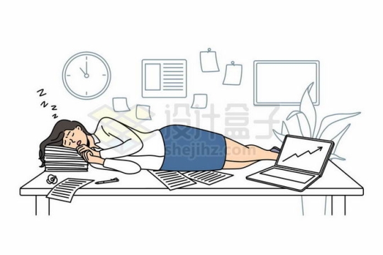 卡通女孩上班族躺在桌子上睡觉午睡工作累了插画8388826矢量图片免抠素材