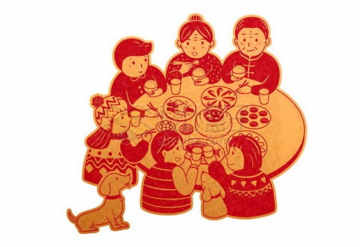 春节除夕夜一家人坐在圆桌前吃团圆饭手绘插画7123645矢量图片免抠素材