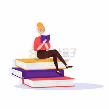 坐在大大的书本上读书的卡通女孩扁平插画png图片免抠矢量素材