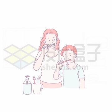 卡通妈妈教儿子使用牙刷刷牙手绘线条插画7475974矢量图片免抠素材