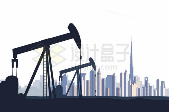 远处的迪拜城市天际线和近处的石油开采工业的磕头机剪影9301298矢量图片免抠素材免费下载