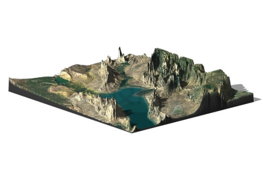 高原和平原边缘的湖泊3D沙盘地形图鸟瞰图1258140PSD免抠图片素材