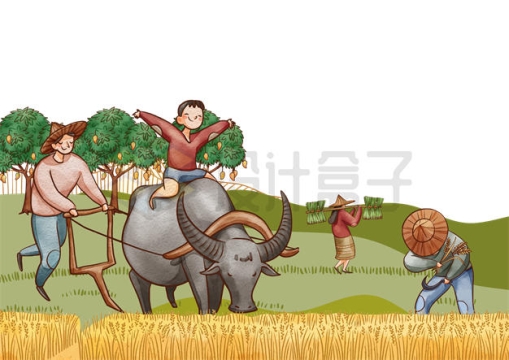 农村农忙时候的耕牛和收割场景插画1802632矢量图片免抠素材