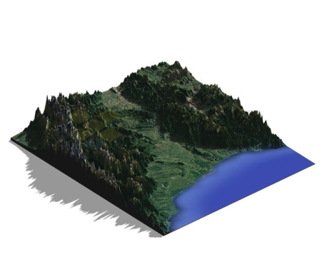 海岸上的高山和海边平原3D沙盘地形图鸟瞰图4455265PSD免抠图片素材