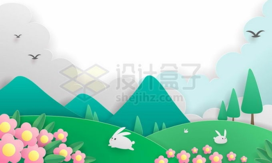 彩色剪纸叠加风格青草地上奔跑的小兔子和远处的大山7886921矢量图片免抠素材