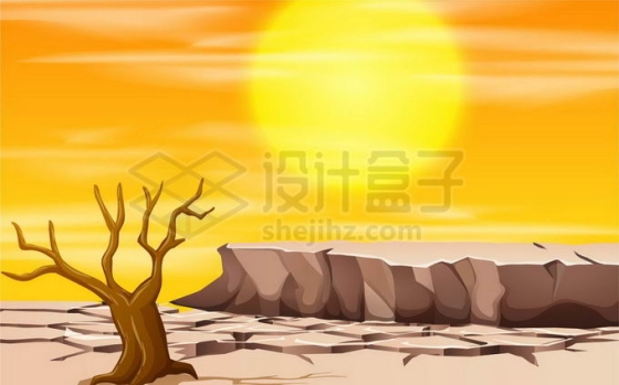 黄色炎热太阳炙烤下干旱的大地和干枯的大树旱灾自然灾害3935160矢量图片免抠素材
