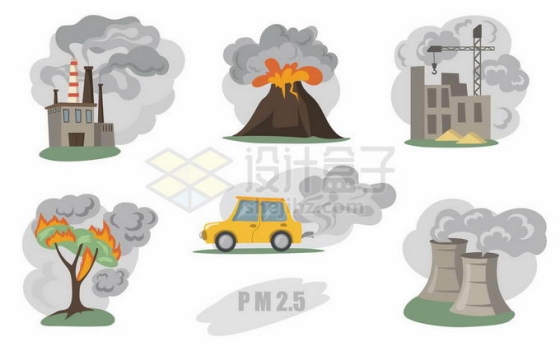 工厂火山建筑工地森林大火汽车尾气等增加PM2.5大气污染2233693矢量图片免抠素材