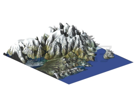 海岸附近高山上的冰川和峡湾3D沙盘地形图鸟瞰图7576242PSD免抠图片素材