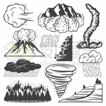 火山喷发龙卷风滑坡森林火灾滚石滑落雷暴雨自然灾害手绘插画3284185矢量图片免抠素材
