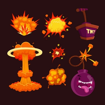 带表情的TNT炸弹和卡通漫画蘑菇云爆炸效果图片免抠素材