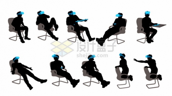 坐在椅子上用VR虚拟现实技术眼镜玩游戏看视频的男人剪影png矢量图片素材