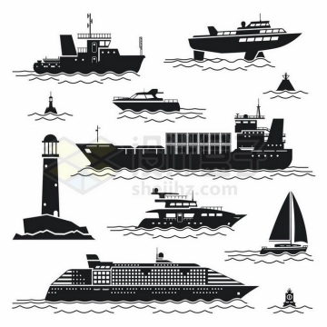 黑色插画风格海上的各种轮船快艇灯塔帆船邮轮浮标等3942858矢量图片免抠素材