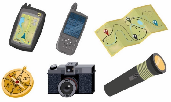 GPS定位系统地图指南针照相机手电筒等户外旅行装备图片png免抠素材