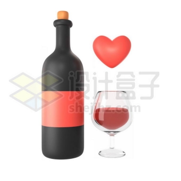 情人节红心和红酒瓶与酒杯3D模型9905345PSD免抠图片素材