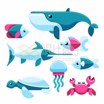 可爱的卡通鲸鱼剑鱼海龟水母螃蟹等海洋鱼类动物3115366矢量图片免抠素材
