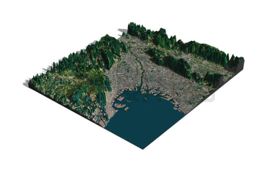 海边群山和港口城市3D沙盘地形图鸟瞰图9818797PSD免抠图片素材