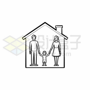 爸爸妈妈和孩子一家三口在房子里象征了家庭和睦幸福手绘线条插画6308859矢量图片免抠素材免费下载